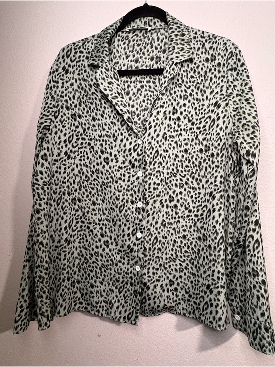 Wish Tops - Wish Leopard Print Button-Up Shirt in Mint and Black